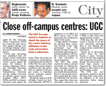 Report by Deccan Chronicle (Apr 18, 2010), citing UGC notification on the inadmissibility