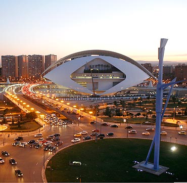 Valencia's City of Arts and Sciences is seen at sunset in Spain.