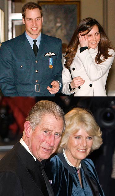 (Top) Prince William and Kate Middleton, (below) Prince Charles and Camilla, Duchess of Cornwall