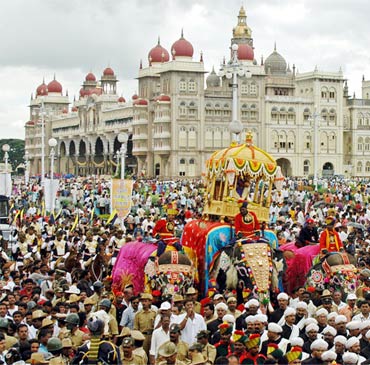 People attend the annual Dussehra celebration in Mysore, about 148 km (92 miles) south of the southern Indian city of Bangalore. The festival of Dussehra is celebrated to mark the victory of good over evil.