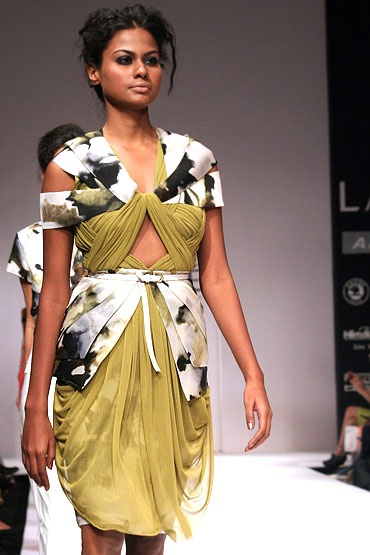 Anuradha Nayudu showcases a creation from the Vizyon label at Lakme Fashion Week.