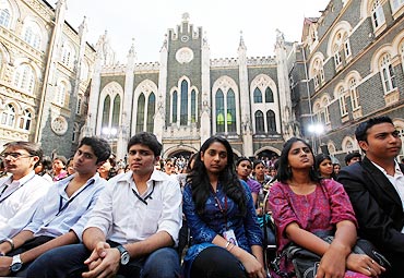 Indian students listen to US President Barack Obama during a town hall meeting in Mumbai