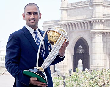 Indian captain M S Dhoni in front of the Gateway of India in Mumbai