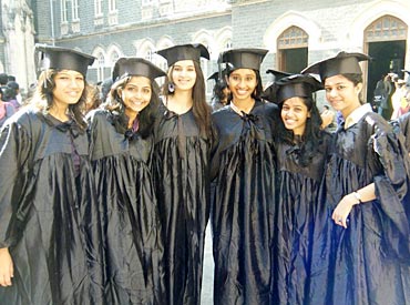 Rohini (4th from left) with her friends on graduation day in college