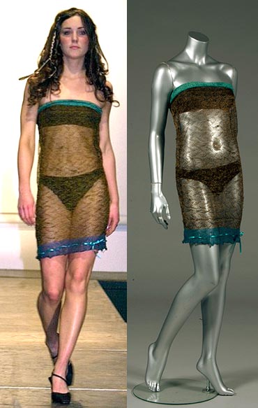 Kate Middleton catwalking in the dress back in 2002 and (right) displayed on a mannequin before it goes up for auction