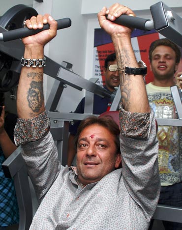 Bollywood actor Sanjay Dutt uses gym equipment