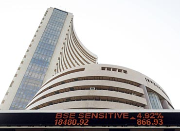 India's benchmark share index is displayed on the facade of the Bombay Stock Exchange (BSE) building in Mumbai