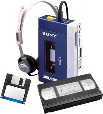 Floppy disc, VHS tapes and Walkman