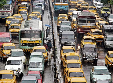Heavy traffic caused by monsoon rains is seen in the eastern Indian city of Kolkata