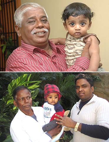 Kamalapathy Ganesan's son with her father (top) and with her father-in-law and husband