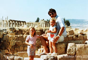 Kate Middleton (left) and Pippa with their father Michael in Jerash, Jordan. The Middletons moved to Amman in Jordan for two-and-a-half years from May 1984 to September 1986