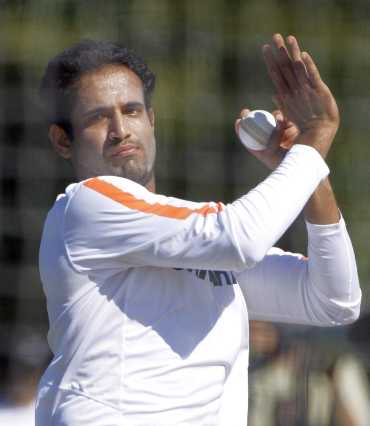 Irfan Pathan bowls in the nets during India's training