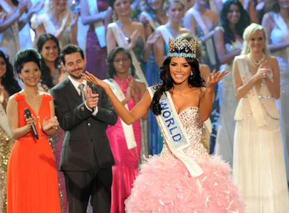 Miss Venezuela, Ivian Sarcos, reacts after being crowned Miss World 2011 in Earls Court in west London.