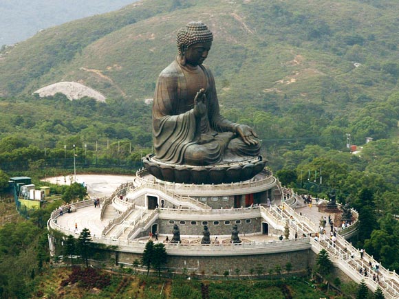 An aerial view of the revered 250-tonne, 26-meter tall bronze Buddha statue at the Po Lin Monastery on Hong Kong's Lantau island