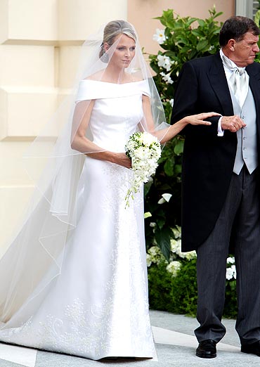 Princess Charlene of Monaco attends her religious ceremony of the Royal Wedding to husband Prince Albert II of Monaco in the main courtyard at the Prince's Palace on July 2, 2011