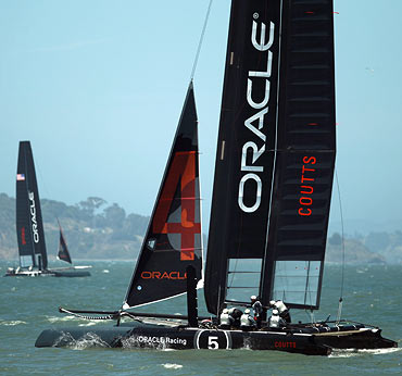 A pair of Oracle Racing AC45's skippered by Russell Coutts, right, and James Spithill, left,  train in San Francisco on Monday, June 14, 2011. The AC45 is the forerunner to the AC72, which teams will race in the Louis Vuitton Cup and America's Cup finals in 2013 in San Francisco. The AC45 will be featured at the America's Cup World Series beginning this summer in Cascais, Portugal.
