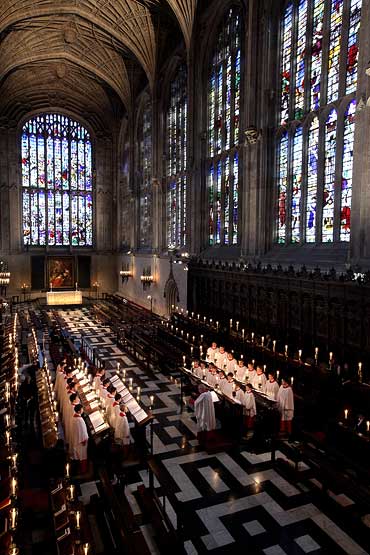 The Choir of King's College Cambridge conduct a rehearsal in King's College Chapel