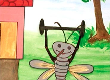 Student's illustration of an aedes mosquito flexing his muscles with a dumbbell before spreading dengue
