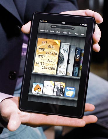 The new Kindle Fire is seen at a news conference during the launch of Amazon's new tablets in New York, September 28, 2011.