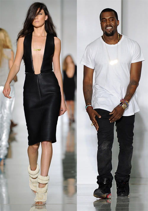 A model in a Dw by Kanye West creation and (right) Kanye West