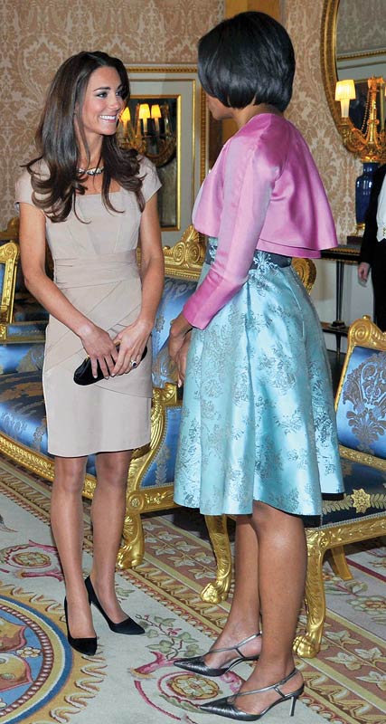 Catherine, Duchess of Cambridge in conversation with First Lady Michelle Obama at Buckingham Palace on May 24, 2011 in London, England