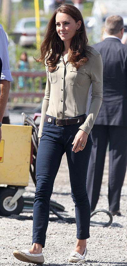 Catherine, Duchess of Cambridge arrives to board a seaplane bound for Blachford Lake at the Old Town Float Base on July 5, 2011 in Yellowknife, Canada