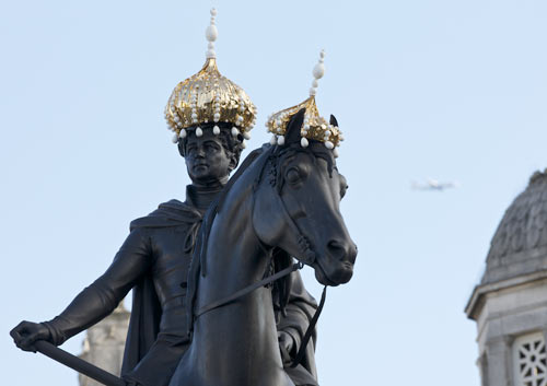 The King George IV statue at Trafalgar Square, wearing a hat by Stephen Jones