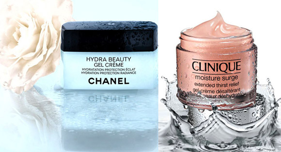 Chanel Hydra Beauty Gel Creme and (right) Clinique Moisture Surge Extended Thirst Relief