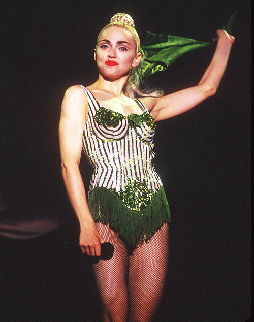 Madonnna in the conical bra designed by Jean Paul Gaultier, performing on the Blond Ambition Tour in Tokyo, Japan, April 4, 1990