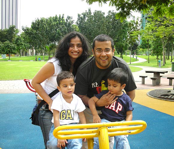 Chetan Bhagat with his wife Anusha and their twins Ishaan and Shyaam
