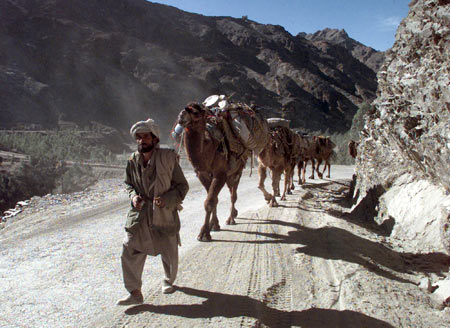 A tribesman leads a camel-caravan near the Torkham border town through the Khyber Pass in Pakistan's northwestern frontier province.