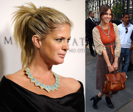 Rachel Hunter sports a beautiful necklace and (right), Alexa Chung seems delighted with her satchel