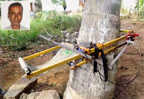 Coconut tree climber by DN Venkat (inset) is a user-friendly device that combines safety and speed. It is bound to have wide-spread use, especially in South India