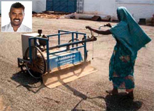 The seed spreader by Ravi (inset) spreads seeds evenly and quickly, cutting labour costs