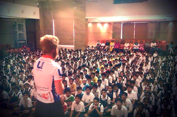 Sean Conway addresses a group of school students in Calcutta
