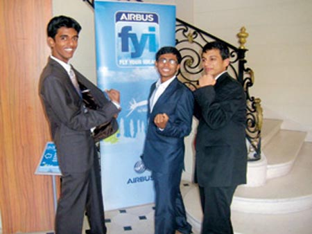 (L to R): Aravind Rajendran, Hasan Sadhir and Gowri Shankhar Suresh at the lobby of the Airbus headquarters where they presented their paper