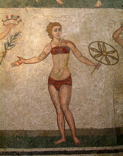 A close-up of the mosaic at the Villa Romana del Casale, depicting women in bikinis