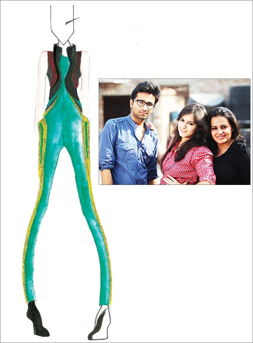 Ankit Sharma, Kanika Seth and Mehek Pruthi (inset) and a sketch from their forthcoming collection