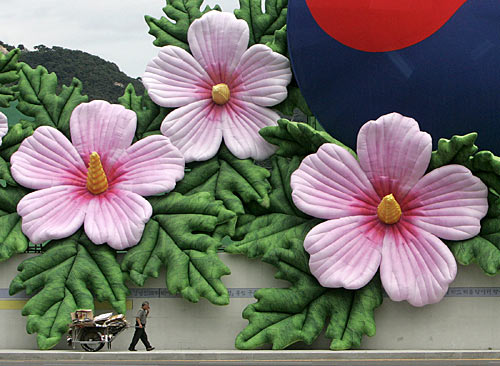 A man pulls a cart as he walks along sculptures of Roses of Sharon covering the fences of Gyeongbokgung palace in Seoul.