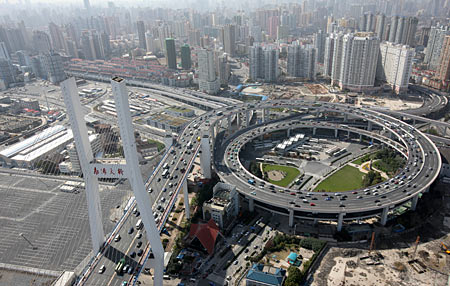 An aerial view, released April 14, 2010 shows Nanpu Bridge, built from funds provided by the Asian Development Bank (ADB), in Shanghai.