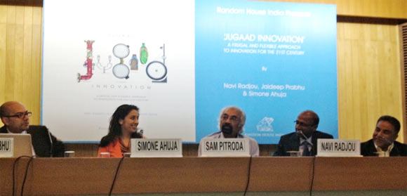 Sam Pitroda, who wrote the foreword for Jugaad Innovation, with the authors at the book launch in Delhi