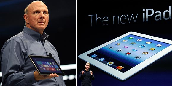 Microsoft CEO Steve Ballmer holds the new Surface as it is unveiled in Los Angeles, California, June 18, 2012; Apple CEO Tim Cook speaks during an Apple event as he introduces the new iPad as an image the device is projected on screen in San Francisco, California March 7, 2012