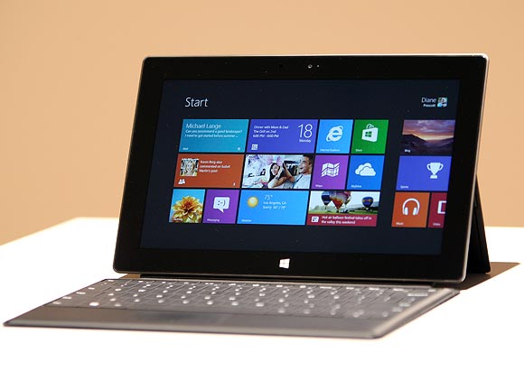 The new Surface tablet computer by Microsoft is displayed at its unveiling in Los Angeles, California, June 18, 2012.