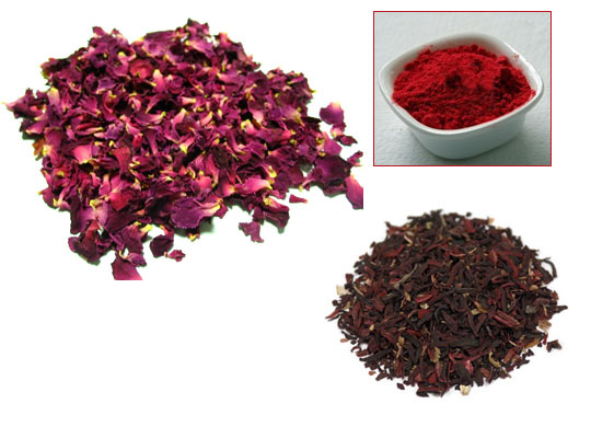 Use dried rose petals (top left) to get red colour (inset)