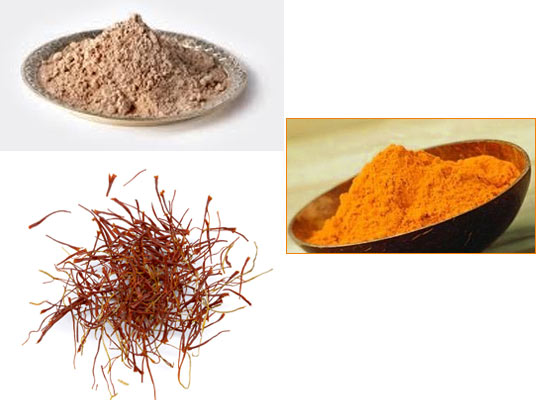 Use Ujjaini sandalwood powder (top left) and saffron (bottom left) to get bright saffron (inset)