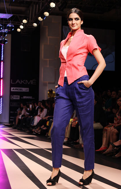 A model poses in a Narendra Kumar outfit