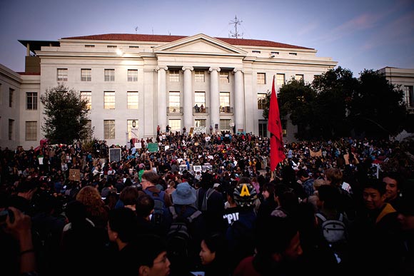 University of California, Berkeley students protest on campus as part of an open university strike in solidarity with the Occupy Wall Street movement November 15, 2011 in Berkeley, California.  Teach-outs, workshops, public readings, and marches will culminate in an attempt to re-establish an Occupy Cal encampment that was shut down by police last week.