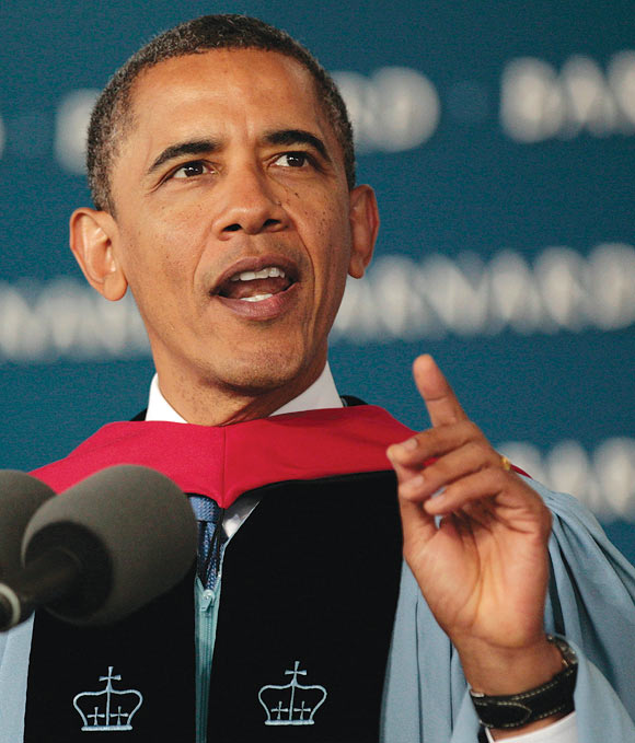 US President Barack Obama delivers his commencement address for the 2012 graduating class at Barnard College, New York, May 14