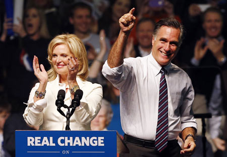 US Republican presidential nominee and former Massachusetts Governor Mitt Romney and his wife Ann at a campaign rally in Manchester, New Hampshire, November 5, 2012.