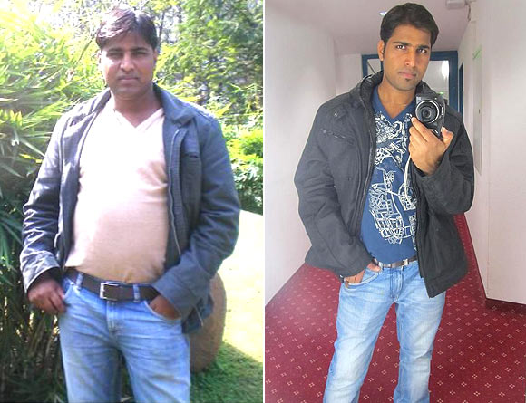 Raghu before and (right) after his weight loss